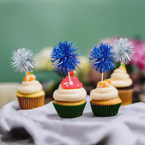 Gyufise 30Pcs Foil Firework Cupcake Toppers Sparkle Tinsel Cake Toppers Tinsel Drink Cake Decoration Cocktail Picks for Birthday Wedding Graduation Party Supplies Silver Dark Blue - Image 8