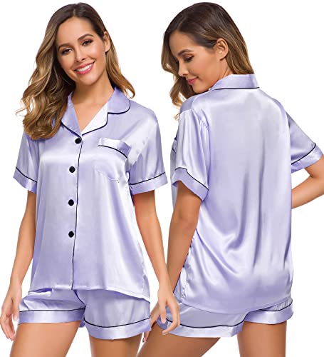 Image of SWOMOG Womens Silk Satin Pajamas Set Short Sleeve Sleepwear Button Down Top and Shorts Loungewear 2 Piece Pjs Set XS-3XL