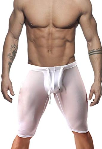 MIZOK Men's Sexy Transparent Sports Shorts Cool Summer Swim Trunks Fitness Pants(L,White)