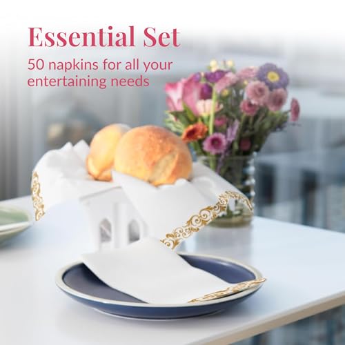 Image of Prestee 50 Pack Disposable Hand Towels for Bathroom - Elegant Linen Feel Paper Napkins, 2-Ply - Absorbent Decorative Guest Towels for Bathroom, Wedding, and Party Use - (White and Gold)