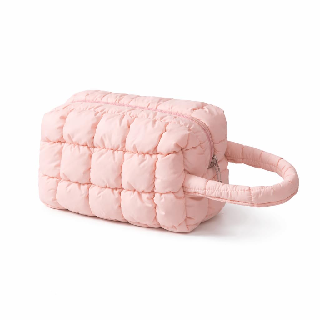 Quilted Cosmetic Bag with Zipper | Large Capacity Makeup Organizer | Soft Padded Travel Toiletry Bag | Water-Resistant Makeup Pouch for Women (Pink)-picture-26