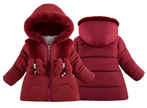 KEOYA Baby Winter Jacket Coat Zip Hooded Jacket Windproof Butterfly Jackets Warm Fleece Outerwear Snowsuit with Two Pockets for Girls Red 2-3Y