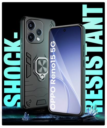 Image of WOW IMAGINE Shock Proof Back Case Mobile Cover for Oppo Reno 15 5G | Back Cover Case (Tough Armor | Hybrid PC + TPU | Ring Holder & in-Built Kickstand | Black)