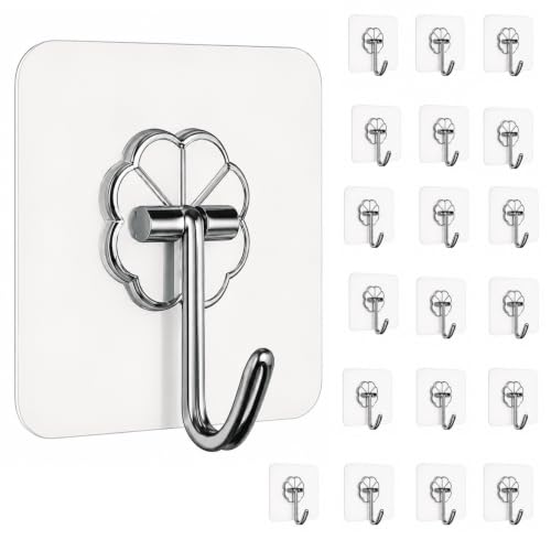 Image of KONVIO NEER Flower Adhesive Wall Hooks - 20 Pack Heavy Duty Self Adhesive Hooks for Wall, Waterproof Strong Wall Hanging Hooks for Keys, Towels, Coats, Kitchen, Bathroom, Home & Office