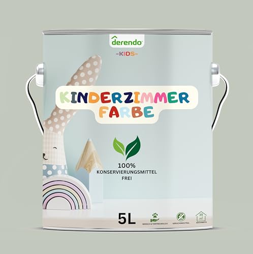 derendo Kinderzimmer Wandfarbe 5l – Umweltfreundlich, Geruchsneutral, Hohe Deckkraft, Schadstofffrei – Farbenfrohe Auswahl pastellfarben Farbe Dino Grün, 5 Liter