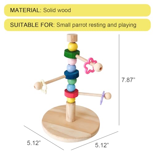Image of Rotating Bird Perch Stand with Colorful Beads Wooden Parrot Standing Perch Toy Portable Parakeet Spin Training Perch Creative Playstand for Bird Cage Decor