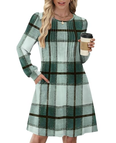 OFEEFAN Long Sleeve Dress for Women Pleated Crew Neck Casual Babydoll Sweater Dress with Pockets Fall Outfits Fashion — view 2
