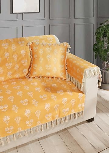 Image of ishro home Premium Sofa Cover 1 Seater Protecter with 2 Handle Covers - Soft European Standard Fabric, Frill Design, Machine Washable | (Tulip Mustard, 1 Seater)