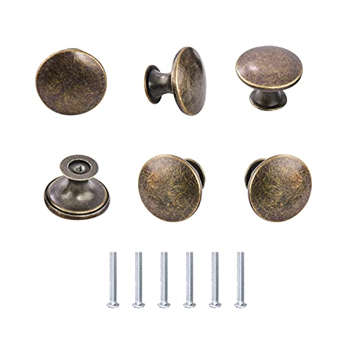 RJDJ 6 Pack Kitchen Cabinet Knobs Dresser Knobs Drawer Knobs Handles, Round Drawer Pulls with Screws, Antique Brass, 1.18-inch Diameter Cabinet Door Bathroom knobs Hardware - Thumbnail 6