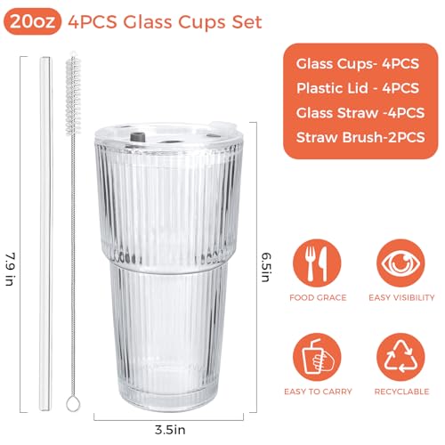 Colnic 4PCS 20oz Glass Cups with Lids and Straws, Iced Coffee Cups with Lids, Stylish Ribbed Thick Drinking Glasses Tumbler for Juice, Smoothies, Cold Beverages, Cute Cup Gifts with Clean Brush - image 3
