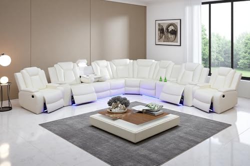 Image of Power Recliner Sofa Sectional Couch with LED Light for Living Room, Cream White Leather Reclining Corner Sectional Sofa with 4 Recliner Seats,Cup Holder,Storage Console for House /Home