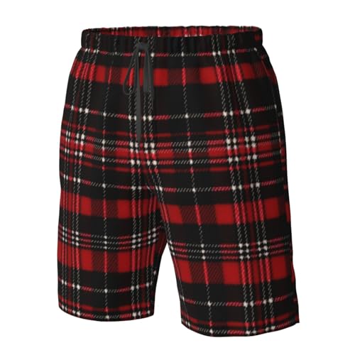 Red and Black Plaid Men's Swim Trunks Quick Dry Board Shorts with Pockets Casual Drawstring Beach Shorts4