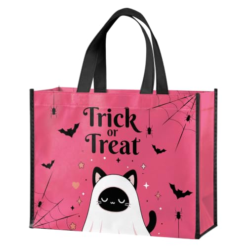 WRAPAHOLIC Large Reusable Halloween Pink Gift Bag with Handles - 10 x 5 x 13 Inch - Ghost Cat Spider Web Trick or Treat Gift Bag for Halloween, Birthday Party, Holiday Gift