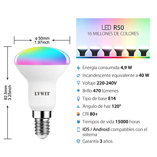 LVWIT Bombillas LED E14 Inteligentes, Compatible con Alexa, Google Home Assistant y Smart Life/Tuya App, Bombilla Wi-Fi R50 4.9W 470 Lm, equivalente a 40W - 4 Unidades. - imagen 3