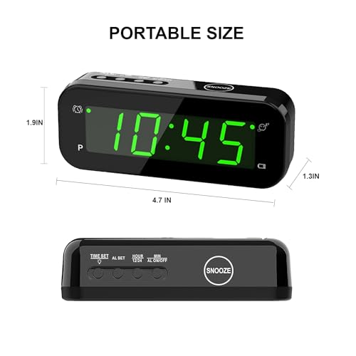 Image of Small Digital Alarm Clock with Temperature Display - Battery Operated,Adjustable Brightness,Snooze,12 /24Hr,Cordless,Night Mode - Ideal Bedside Clock for Bedroom Desk Travel(Green Display)
