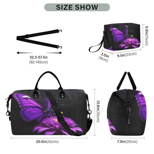 Large Purple Butterfly Sports Tote Gym Bag, Duffel Bag with Multiple Compartments and Telescopic Handle, Carry On Luggage with Toiletry Bags3