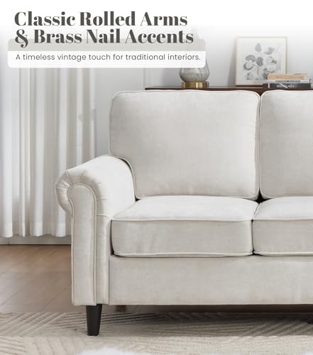 Image of Kingfun 3 Seater Couch, Mid Century Modern Sofa Set with Rolled Arms and Deep Seats, Fluffy Comfort for Living Room, Apartment, Easy Assembly, Beige