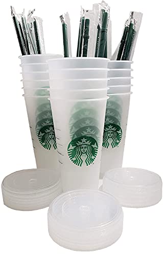 Starbucks 15 Pack Bundle - Reusable Frosted 24 oz Cold Cup with Lid and Green Straw w/Stopper