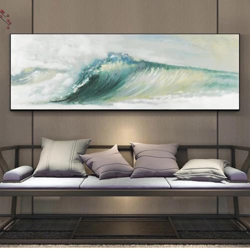 Cuadro en lienzo con olas del mar y océano verde, carteles de paisajes abstractos e impresiones, imagen artística de pared para decoración de sala de estar y dormitorio, 60 x 180 cm, sin marco