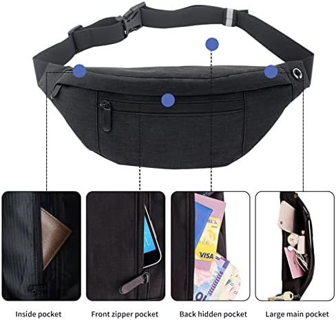 Eillekys Bumbags Fanny Pack for Men Women Unisex, Large Crossbody Waist Hip Bag Chest Bag with 4-Zipper Pockets Adjustable Belt for Outdoors Sports Hiking Running Traveling Casual Waistpack, Black