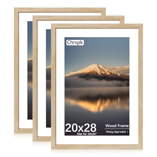 Chrspk 20X28 Poster Frame Display Pictures 16X24 with Mat or 20X28 Without Wall Hanging Frames Natural Oak 3 Pack