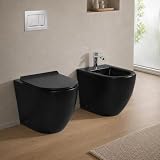 Sanitari Filomuro in Ceramica Nero Opaco con Copriwc Soft Close e Scarico a Tornado – Set WC e Bidet Linea Tokyo Design Moderno