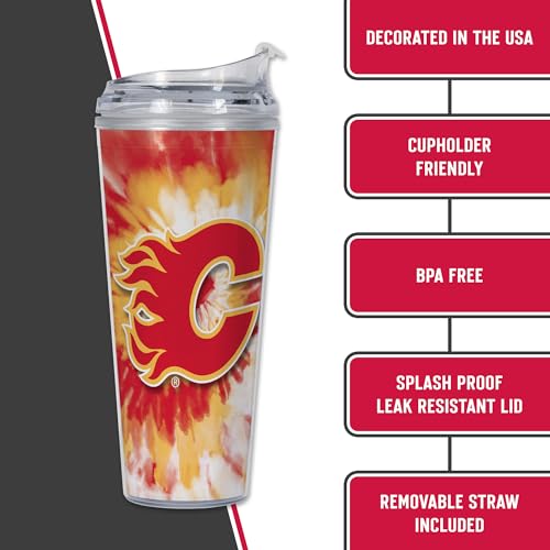 Image of Rico Industries NHL Hockey Team Color Tie Dye 24oz Metallic Acrylic Tumbler with Hinged Lid, Officially Licensed Double Wall Tumbler with Straw