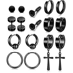 Aretes Para Hombre Color Negro 8 Pares de Aretes de Acero Inoxidable, Pendientes sin Alergias para Hombres,Pendiente de Botón de CZ Pendientesmujeres,Negro