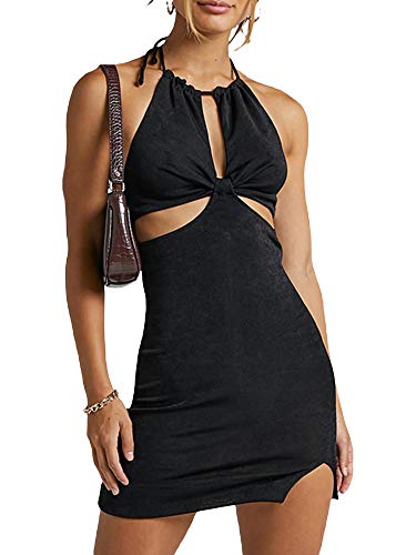 SOLILOQUY Sexy Knitted Cut Out Dress Bodycon Halter Neck Maxi Dress Club Party Beach Strap Long Dress Y2k Streetwear