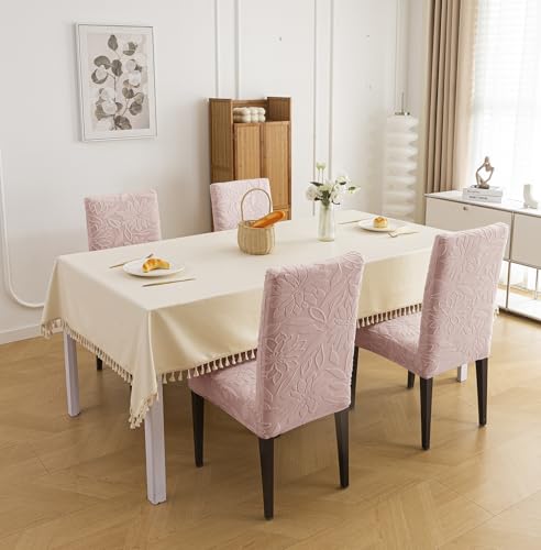 Image of House of Quirk Stretchy Universal Camellia Jacquard Waterproof Chair Cover Removable & Washable Short Dining Chair Cover Protector Seat Slipcover (Pink,Pack of 8)
