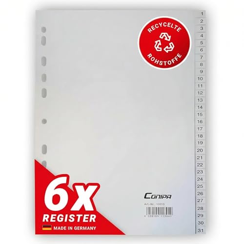 Lot de 6 intercalaires A4 - Intercalaires en PP - Intercalaires de classement 1-12, 1-31 ou A-Z (même demi-hauteur) - Organisation stable du bureau (1-31)