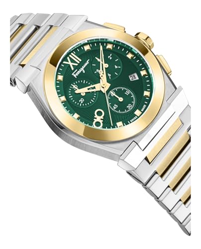 Ferragamo Vega Chrono Collection Luxury Mens Watch Timepieces with a Two Tone Bracelet and Case Featuring a Green Dial3
