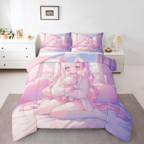 Image of Erosebridal Romance Girly Comforter Set for Kids Boys Girls Anime Girl Bedding Japanese Girl Duvet Set Cute Cartoon Bear Comforter Queen with 2 Pillowcases