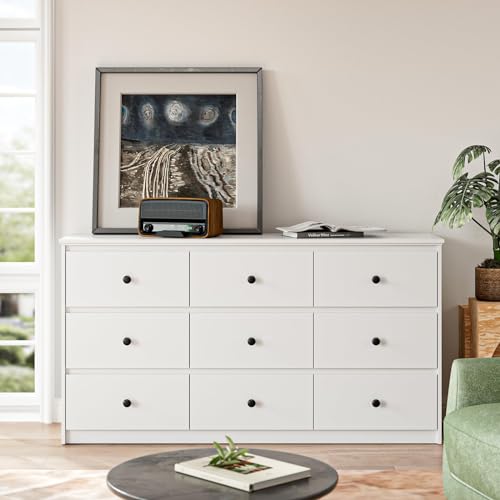 Image of Tradare 9 Drawers Dresserfor Bedroom, 59" Wide Modern Chest of Drawers with Ample Storage, Dresser TV Stand, Wooden Storage Organizer for Living Room, Hallway, White
