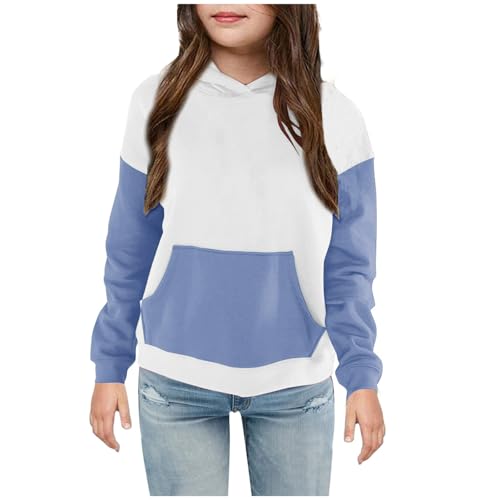 Girls Color Block Hooded Pullover Long Sleeve Fleece Lined Cute Hoodies Loose Fall Preppy Pullover Tops 4-14 Years