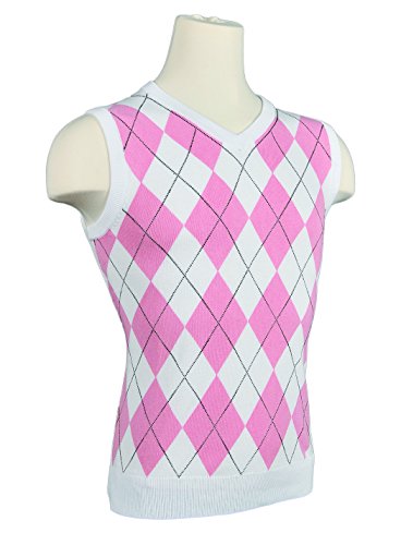 Women'S Argyle Golf Sweater Vest - White/Pink/Black Overstitch (Medium)