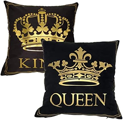 FASHIONDAVID 2 Pack Gold Black King+Queen Bronzing Flannelette Square Decorative Crown Throw Pillow Case Home Pillowcases Cushion Cover 18 X 18 Inches