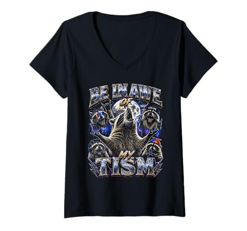 Women's Autism Pride Raccoon Moon Howling Tism Awareness V-Neck T-Shirt