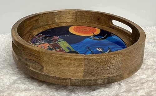 Image of Wooden Designer Round Serving Tray - 12 Inch | Premium Mango Wood Decorative | Eco-Friendly Non-Toxic Multipurpose Serving Tray for Tea, Coffee, Snacks, Home, Kitchen & Gifting(Blue FC)