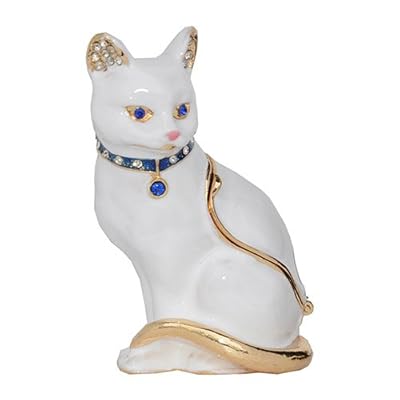 MIXDOM White Kitty Trinket Box Jewelry Box Hand Painted Decorative Box with Hinged Lid Ring Earring Holder Cat Figurine Collectible