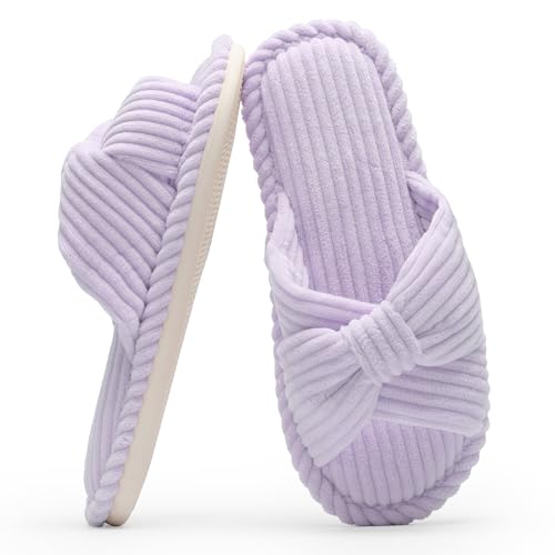 Image of Chantomoo Slippers for Women Memory Foam House Womens Slipper Slides Home Bedroom Bathroom Spa Open Toe Corduroy Bow Slippers Cozy Comfortable