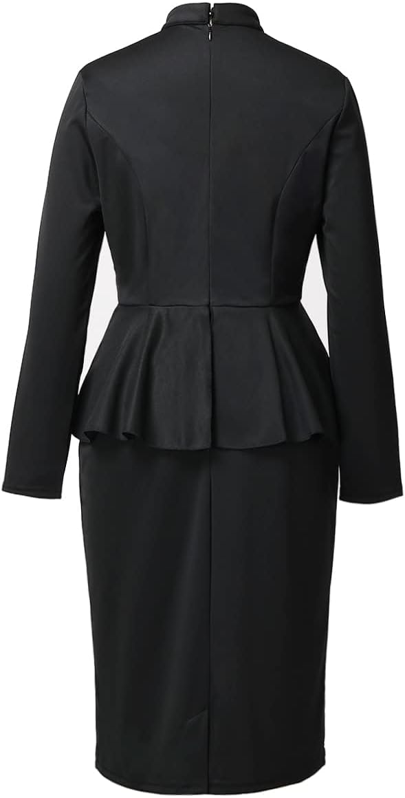 FAD-4U Church Clergy Dress for Women Minister Long Sleeve Ruffle Slim Pencil Dress with Tab Insert Stand Collar