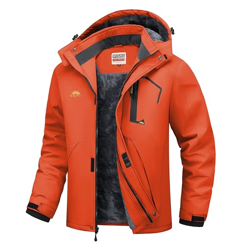 WULFUL Men's Ski Jackets Warm Winter Snow Windbreaker Resistant Snowboard Fleece Coat Mountain Waterproof Parka with Hood Orange X-Large