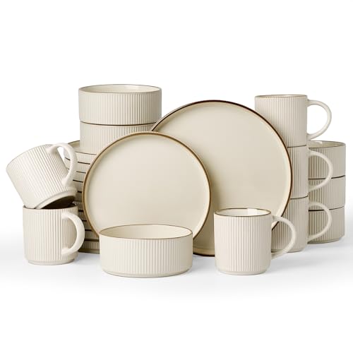 Image of Famiware Star 24-Piece Stoneware Dinnerware Sets with Trim, Service for 6 - Ceramic Mugs, Plates, Bowls, Dishes for Everyday /Party /Formal Use, Chip /Scratch Resistant, Microwave /Dishwasher Safe, Cream