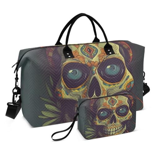 Large Travel Duffel Bag, Mexican Skull Pirate Sports Tote Gym Bag, Shoulder Weekender Overnight Bag for Women Men, Carry On Luggage with Toiletry Bags