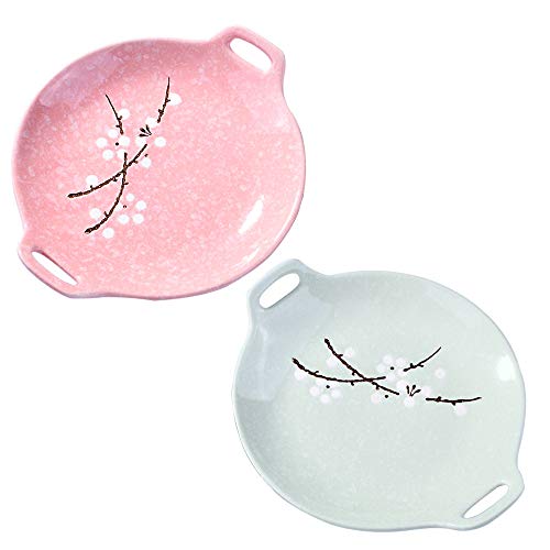 Japanische handbemalte Keramik-Teller, Keramik-Teller, 2er-Set, Haushalts-Geschirr-Teller (rosa und weiß) Cover