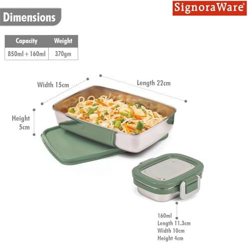 Image of SignoraWare Munch Mate Stainless Steel Lunch Box | Airtight & Leakproof | Durable & Compact | Easy to Carry | Ideal Tiffin for Office, School & Travel (850ml + 160ml | Egreen)