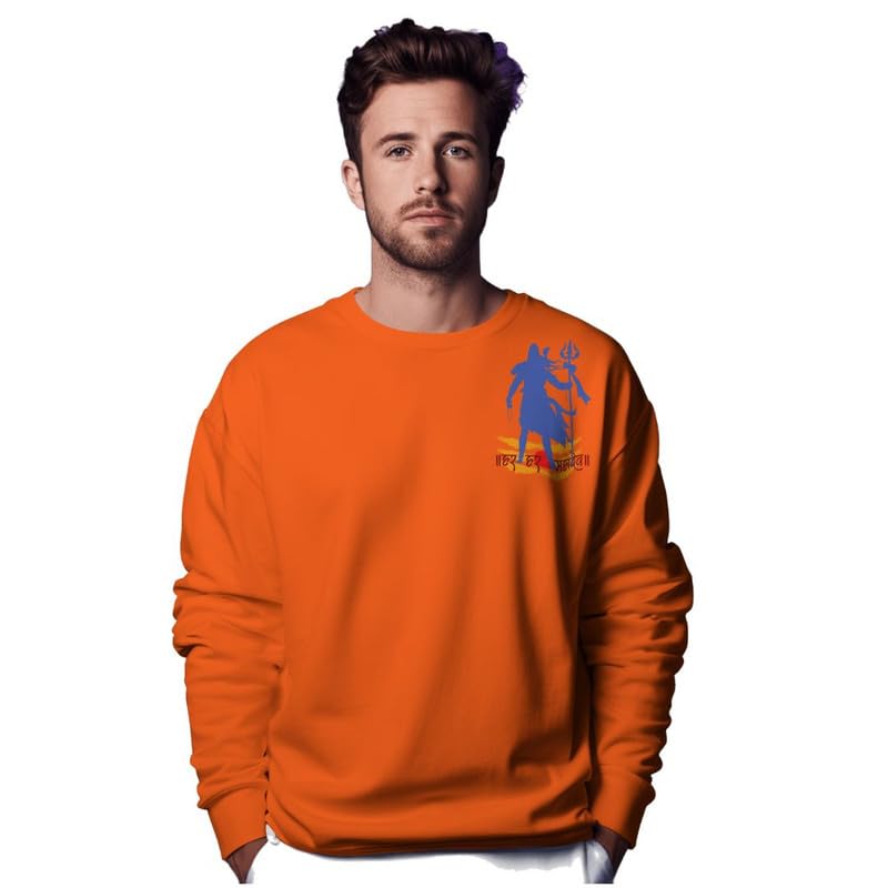 MKOF Unisex Printed Round Neck Sweatshirt with Lord Ram Print | Saffron Color |340 GSM Fleece Fabric | 100% Cotton | Warm | Suitable for Winters |Celebrate Ramotsav