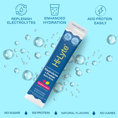 Image of Hi-Lyte Electrolytes + Protein Quick Sticks Raspberry Lemon, 16 Servings - Sodium, Potassium, Whey Protein - Keto Friendly - 5g Protein, No Sugar
