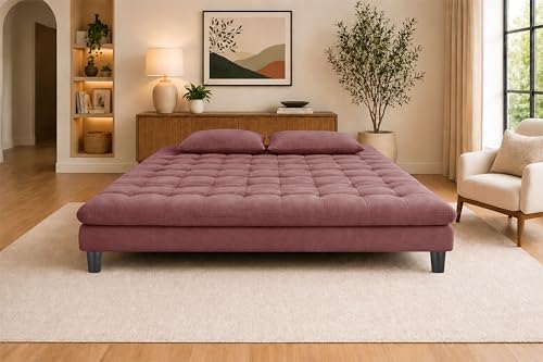 Image of 3-Seater Velvet Sofa Cum Bed, Tufted Convertible Sleeper Couch Space-Saving Design, Comfortable Cushioned Seating - Rose Pink Color